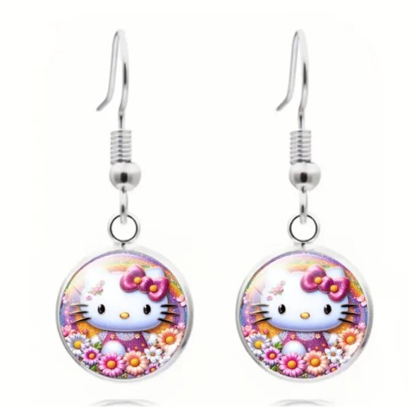 Hello Kitty 3Pc Jewelry Set Silver Pink Flower Accent Charm Bracelet Necklace - Picture 5 of 5